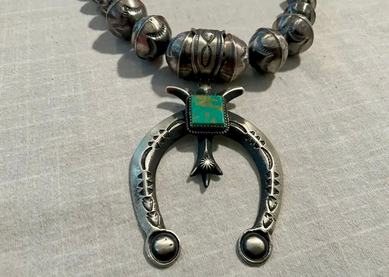 Sterling and Turquoise Stamped Beaded Necklace and Earrings