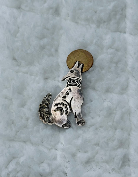 Vintage Wolf and Moon Brooch