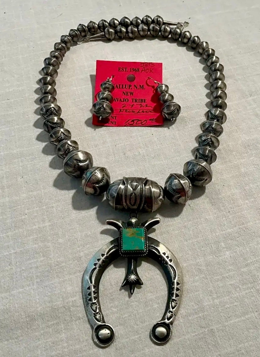 Sterling and Turquoise Stamped Beaded Necklace and Earrings