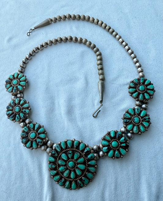 Vintage Turquoise and Sterling Silver Petite Point Necklace
