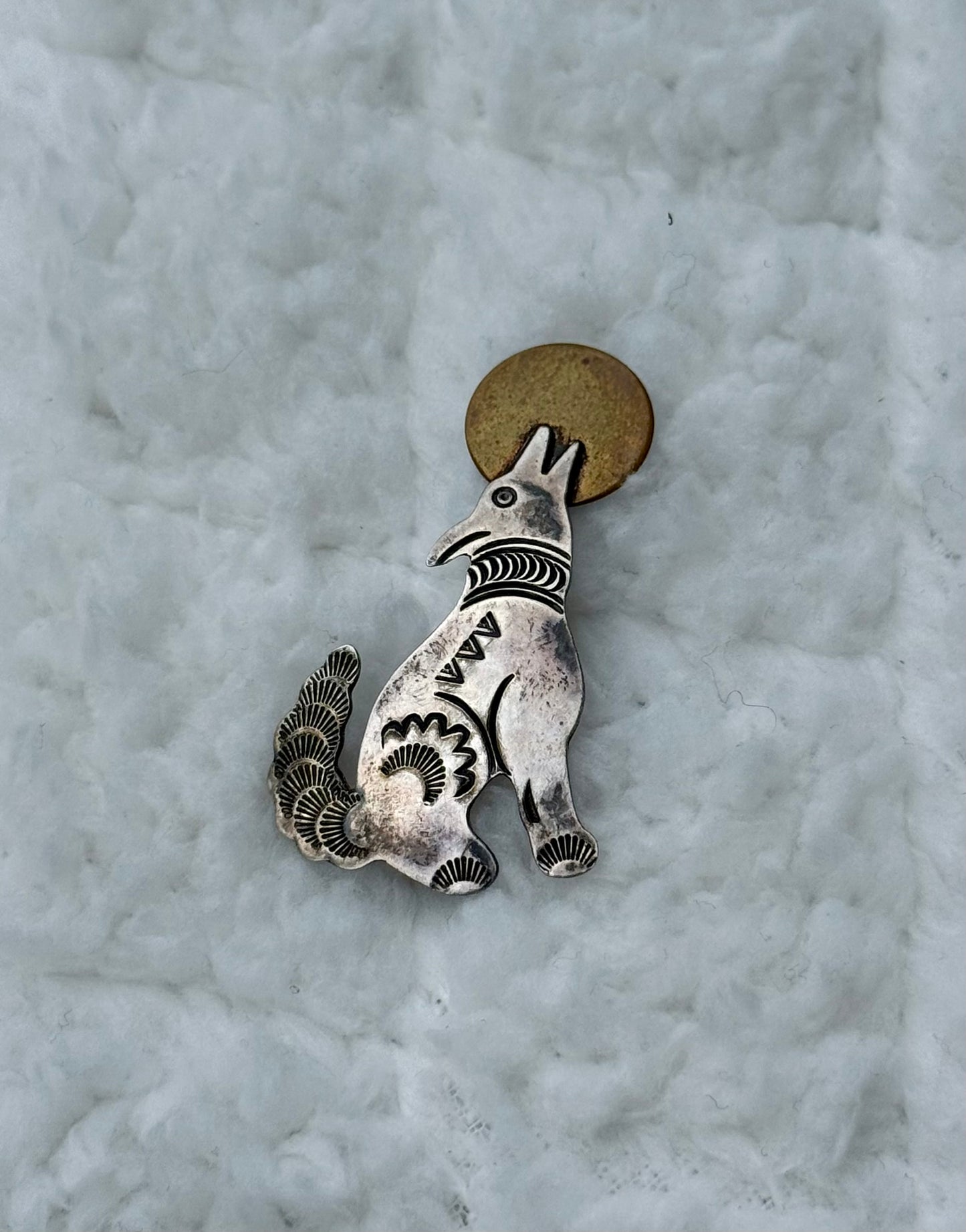Vintage Wolf and Moon Brooch