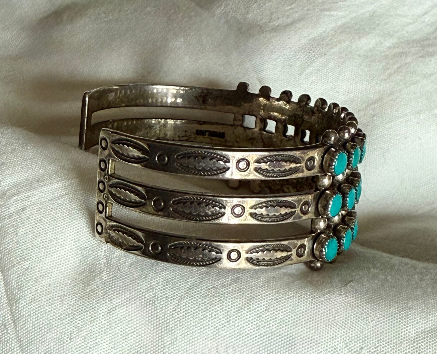 Fred Harvey Era Three Row Snake Eye Sterling Bracelet