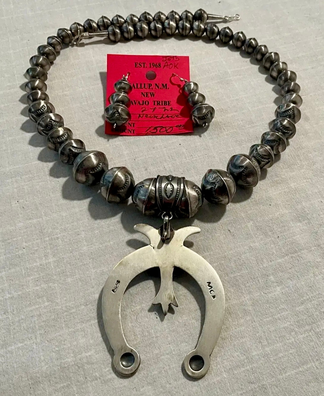 Sterling and Turquoise Stamped Beaded Necklace and Earrings