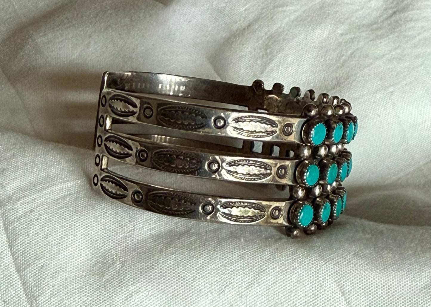 Fred Harvey Era Three Row Snake Eye Sterling Bracelet