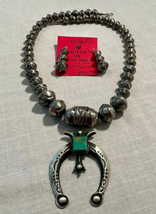 Sterling and Turquoise Stamped Beaded Necklace and Earrings